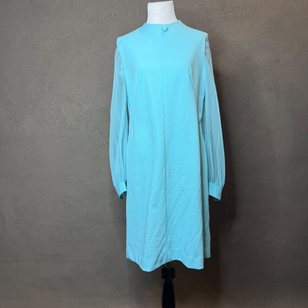 Vintage 1960s ILGWU Aqua Dress Sheer Sleeves Union Made Mod Shift